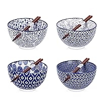 Selamica Ceramic Ramen Bowls Set, 15 OZ Noodle Bowls for Kitchen with Chopsticks, Deep Soup Bowls for Japanese Ramen Udon Soba, Microwave Dishwasher Safe, Gift, Set of 4, Vintage Blue