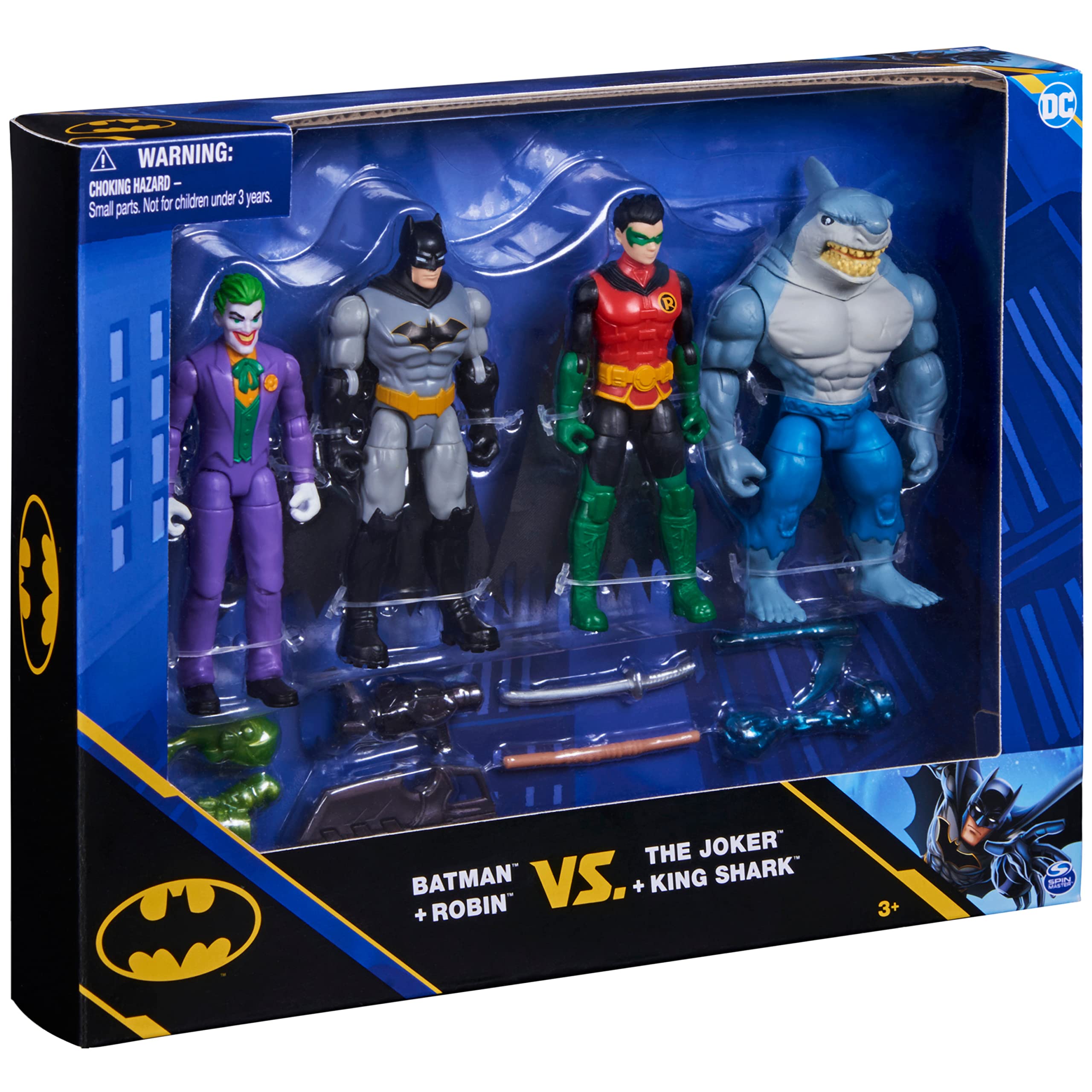 DC Comics, Batman and Robin vs. The Joker and King Shark, 4-inch Action Figures, Kids Toys for Boys and Girls Ages 3 and Up