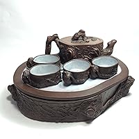 Yixing Pottery Complete Tea Set: 1 Tea Tray, 1 Teapot, 4 Tea Cups