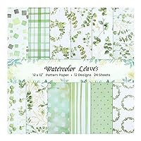 12 inch Eucalyptus Leaves Scrapbook Paper, 24 Sheets Green Leaves Patterned Paper Pad Double-Sided Watercolor Decorative Cardstock for DIY Craft Junk Journal Card Making, 12 Designs