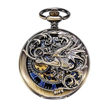 TREEWETO Mens Mechanical Pocket Watch Dream Dragon Skeleton Half Hunter Double Open Silver/Bronze/Black Case for Man