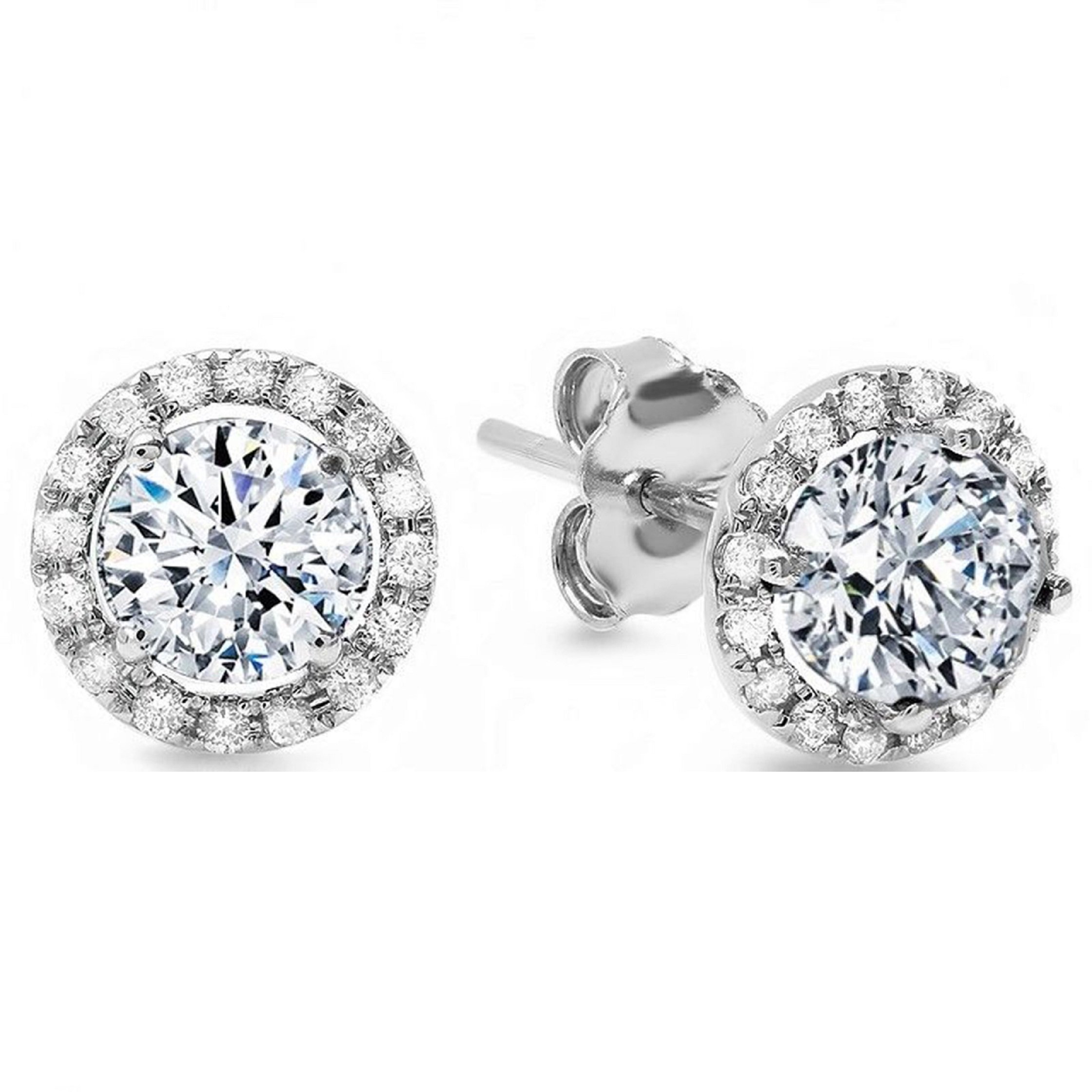 1.54cttw Round Cut ideal VVS1 Conflict Free Gemstone Halo Solitaire Genuine Moissanite Unisex Designer Solitaire Stud Screw Back Earrings Solid 14k White Gold