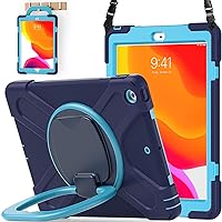 BATYUE iPad 9th/ 8th/ 7th Generation Case (iPad 10.2 inch Rugged Case 2021/2020/2019) with Screen Protector, Rotating Stand/Pencil Holder/Carrying Shoulder Strap (Navy Blue)