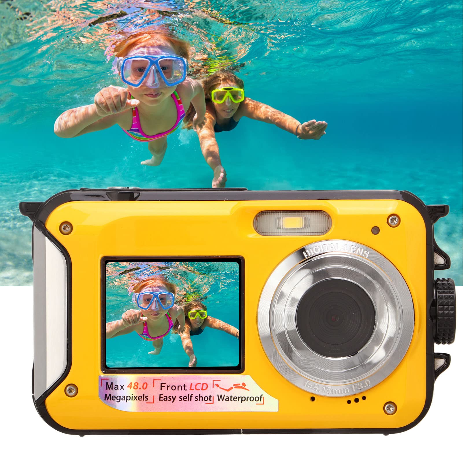 Waterproof Camera Underwater Camera 10 FT 2.7K Full HD 48MP 16X Digital Zoom Waterproof Digital Camera Self-Timer Dual Screens Anti Shake for Snorkeling,plplaaoo Travel and Vacation(Yellow), Wat