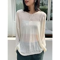 Women's Sweater Solid Drop Shoulder Sweater Without Tube Top Sweater for Women (Color : White, Size : Small)