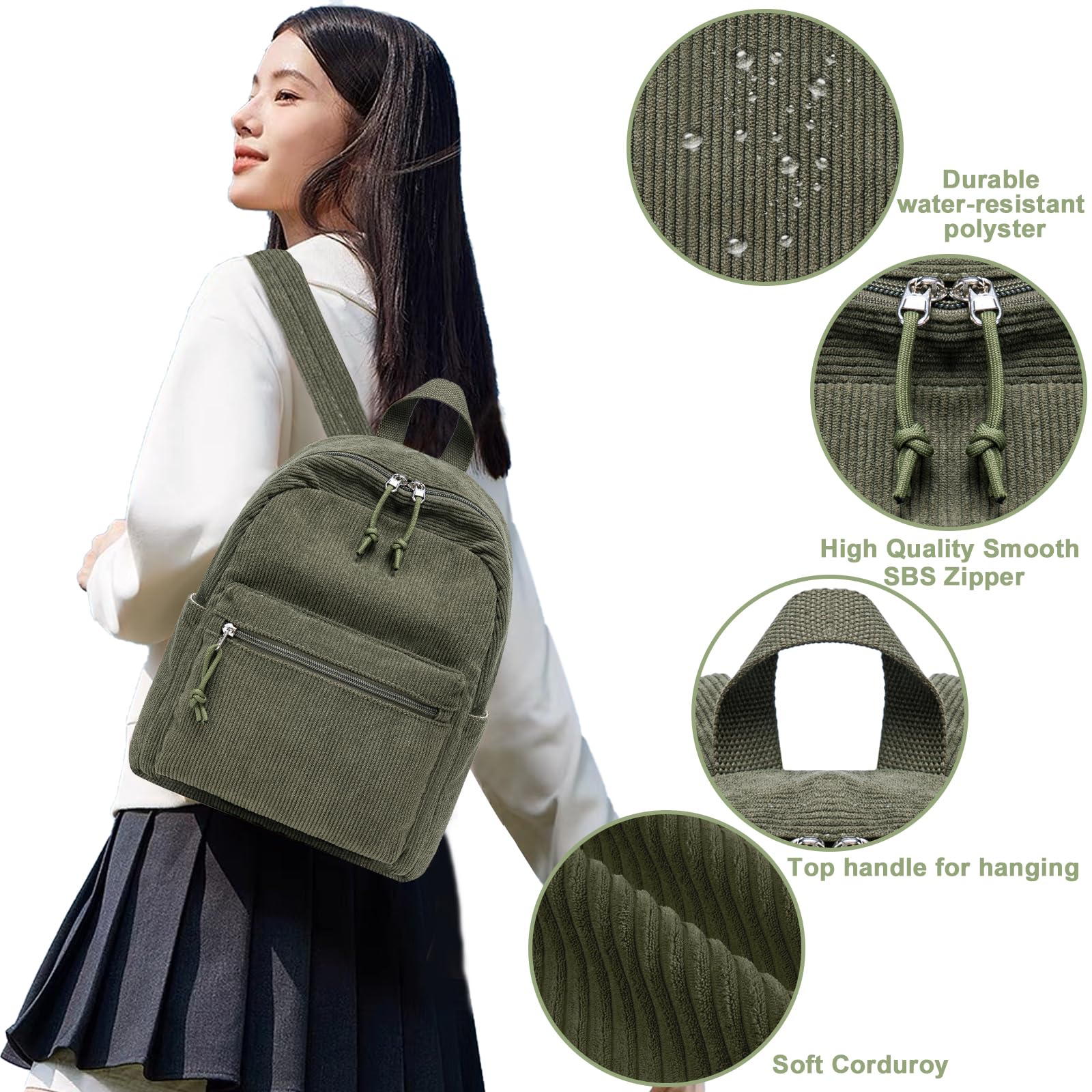 Bluboon Girls Mini Backpack Womens Small Backpack Purse Teens Cute Casual School Bookbag(Corduroy Army Green)