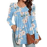 Anydeer Women Tunic Puff Long Sleeve Tops Casual T-Shirt Fall Pleated Pleat Patchwork Blouses