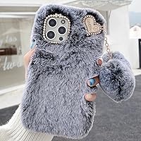 Girly Faux Fur Phone Case with 2PCS Glass Screen Protector,Cute Love Heart Ball Pendant Soft Fluffy Furry Shockproof Protective Phone Cover (Gray,for LG G8X ThinQ)
