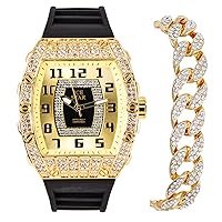 Luxury Men's 41mm Iced Watch with Shimmering Simulated Crystals - Distinctive Tonneau Shape, Striking Numeral Dial, and Adjustable Silicone Band - Quartz Movement - 14k Gold, Silver, and Gun Black