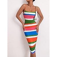 Necklaces for Women Color Block Ribbed Knit Cami Dress (Color : Multicolor, Size : Small)