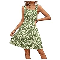 SHENHE Women's Floral Print Tie Shoulder Ruffle Hem Sleeveless Cute Summer Short Dress