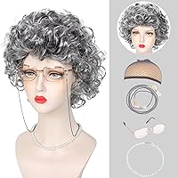 Old Lady Costume for Women, 100 Days of School Grandma Wig Costume Set Fancy Dress Party Accessories Gray Hair Granny Wig Kit