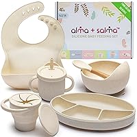 Silicone Baby Feeding Set, Baby Led Weaning Supplies, Suction Plate & Bowl, Spoon, Bib, Cup, Snack Cup, Baby Dishes (GARDENIA)