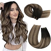 Moresoo Weft Hair Extensions Real Human Hair Ombre Sew in Hair Extensions Balayage Black to Brown Mix Caramel Blonde Double Weft Sew ins Human Hair 22Inch 100G