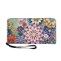 Boho Flowers Print Long Wallet Luxury Leather Purse for Womens Portable Wallet with Zipper Multi-Card Slot PU Wallet with Wristlet