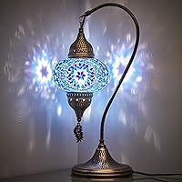Turkish Moroccan Tiffany Style Handmade Colorful Mosaic Table Desk Bedside Night Swan Neck Lamp Light Lampshade with Metal Body and Hanging Metal Leaf, Blue, 19