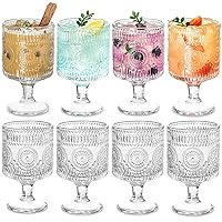 Set of 8 Romantic Vintage Goblet glassware, Charming Embossed Floral Cocktail Glasses Set, Mixed Drink Glasses, for Bars, Restaurants, Party, and Elegant Dinners, 8 oz Wine Glasses
