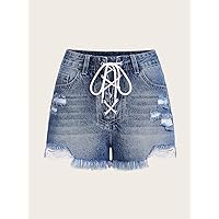 Jean Shorts Womens Lace Up Front Ripped Raw Hem Denim Shorts (Color : Medium Wash, Size : 27)