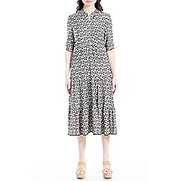 Max Studio Women's Spring 2023 Everyday Elbow Cuffed Sleeve Button Placket Flowy Chic Printed Midi Dress