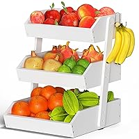 Bamboo Fruit Basket – 3 Tier Fruit Bowl For Kitchen Counter, Large Capacity Fruit Holder With 2 Banana Hangers, Idea For Fruit and Vegetable Storage, Bread Basket, Snack Organizer(White)