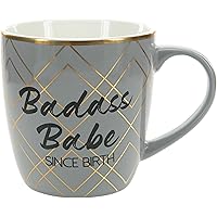 Pavilion Gift Company 17oz Badass Babe Since Birth-Gray & Gold Birthday Coffee Cup Mug, Grey