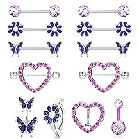 ORAZIO 14G Nipple Rings for Women Surgical Steel Belly Button Ring Butterfly Daisy Flower Nipple Barbells CZ Heart Curved Navel Rings 12 PCS Nipple Piercings Jewelry Set