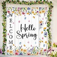 Hello Spring Welcome Banner Spring Floral Porch Sign Banner Door Cover Vintage Watercolor Flower Butterfly Hanging Door Banner for Spring Easter Party Indoor Outdoor Decoration Supplies