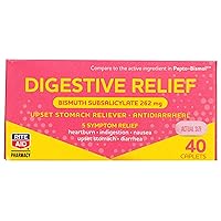 Rite Aid Digestive Relief Caplets, Bismuth Subsalicylate 262 mg, 40 Count - Relief for Heartburn, Indigestion, Nausea, and Diarrhea