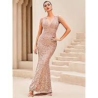 Women's Dress Dresses for Women Plunging Neck Sequins Formal Gown (Color : Apricot, Size : X-Large)