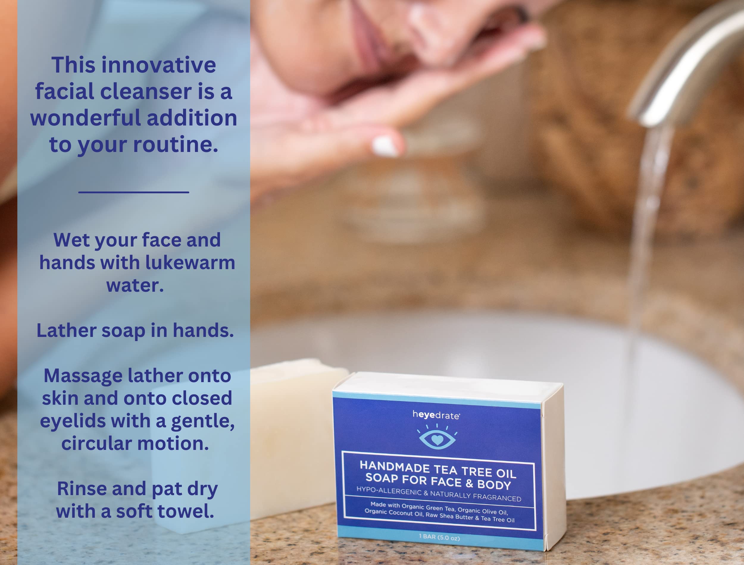 Heyedrate Tea Tree Oil Face Soap and Eyelid Scrub - Handmade with Organic Ingredients (1 Pack) [Packaging May Vary]