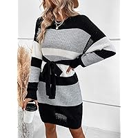 Sweater Dress for Women Color Block Drop Shoulder Belted Sweater Dress Sweater Dress for Women (Color : Multicolor, Size : Medium)