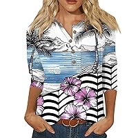 Womens 3/4 Sleeve Summer Tops Casual Button Down Blouses Dressy Printed Floral Graphic Tees Cooling Fitted T Shirts