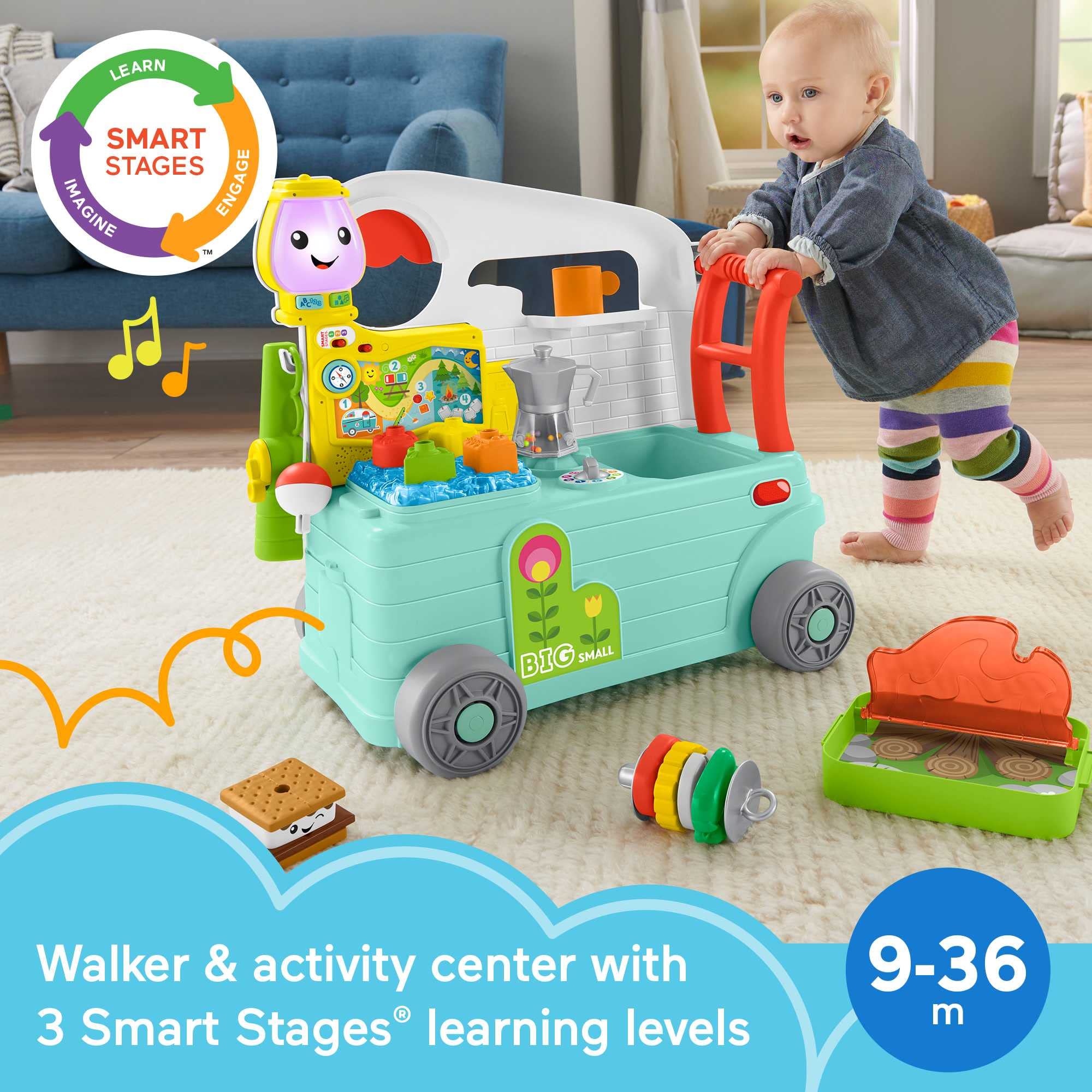 Fisher-Price Laugh & Learn Baby To Toddler Toy 3-In-1 On-The-Go Camper Walker & Activity Center With Smart Stages For Ages 9+ Months
