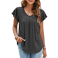 Women's Ruffle Short Sleeve Tops V Neck T-Shirts Solid Color Blouse Casual Summer Tunic Tops
