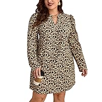 WDIRARA Women's Plus Size Leopard Print Notched V Neck Dress Puff Long Sleeve Casual Short Dresses