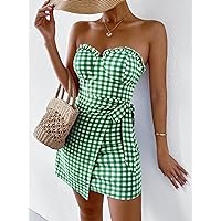 Summer Dresses for Women 2022 Gingham Frill Trim Wrap Knot Side Tube Dress (Color : Green, Size : XS)