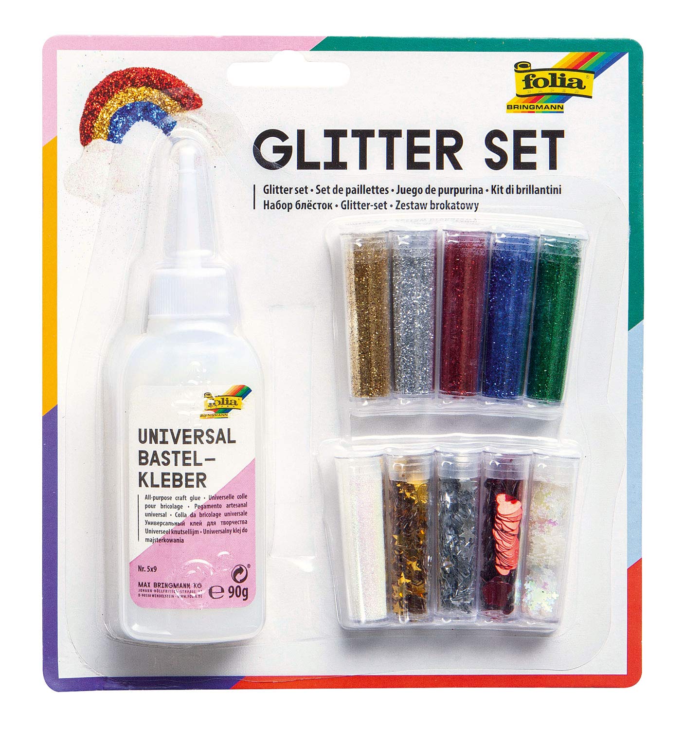 Folia 579 - Glitter Set, 10 Tins Decoration Material, 1 Decoration Glue 90 g