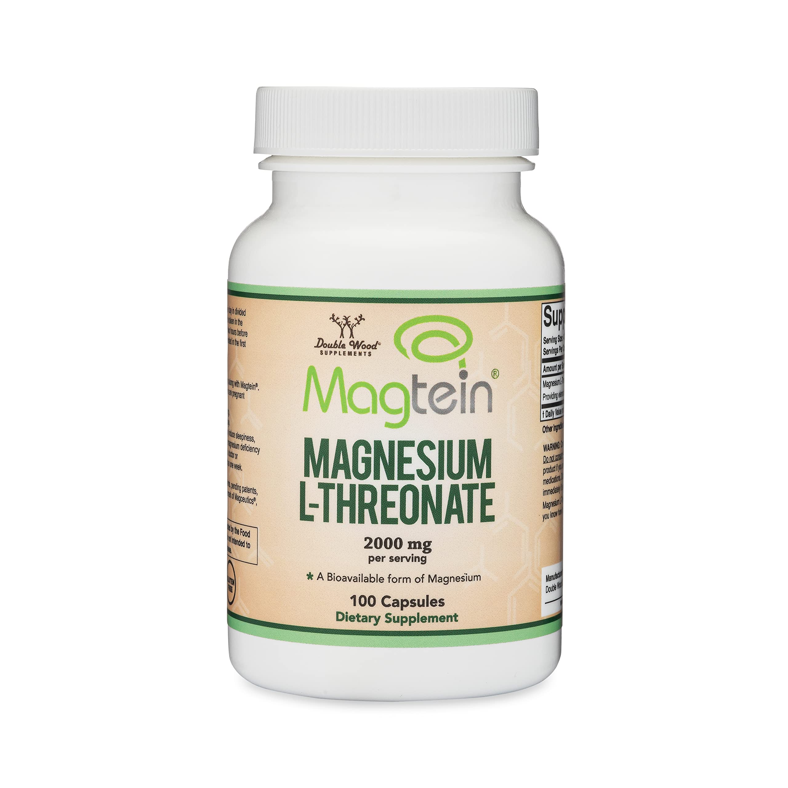 Magnesium L-Threonate Capsules (Original Magtein Formula - Patented and Clinically Studied) – High Absorption – Bioavailable Form for Cognitive Function and Nighttime Support – 2,000 mg – 100 Capsules