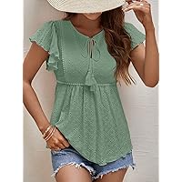 Womens Summer Tops Tie Front Flutter Sleeve Eyelet Embroidered Blouse (Color : Mint Green, Size : X-Small)