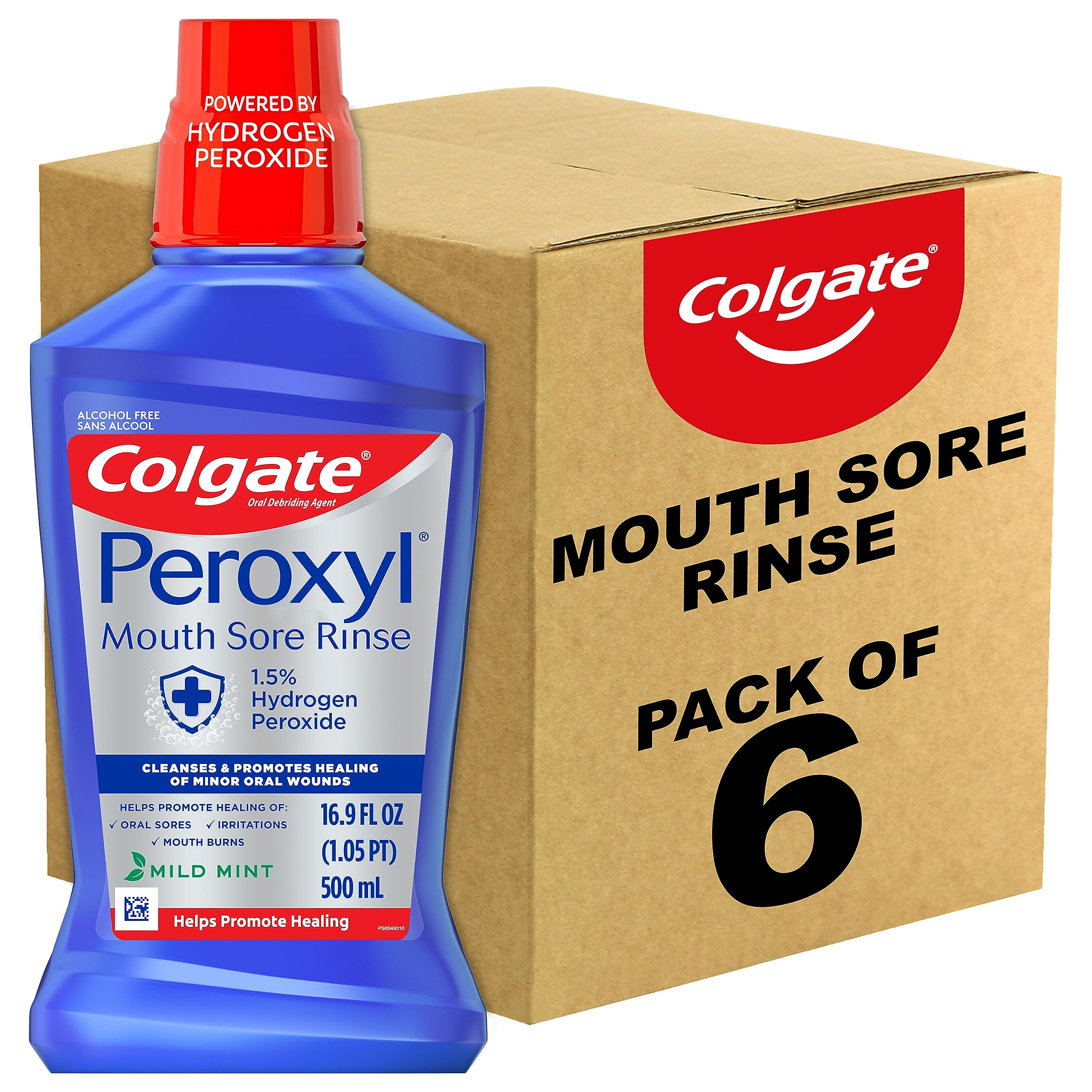 Colgate Peroxyl Antiseptic Mouthwash and Mouth Sore Rinse, 1.5% Hydrogen Peroxide, Mild Mint - 500ml, 16.9 Fluid Ounces (Pack of 6)