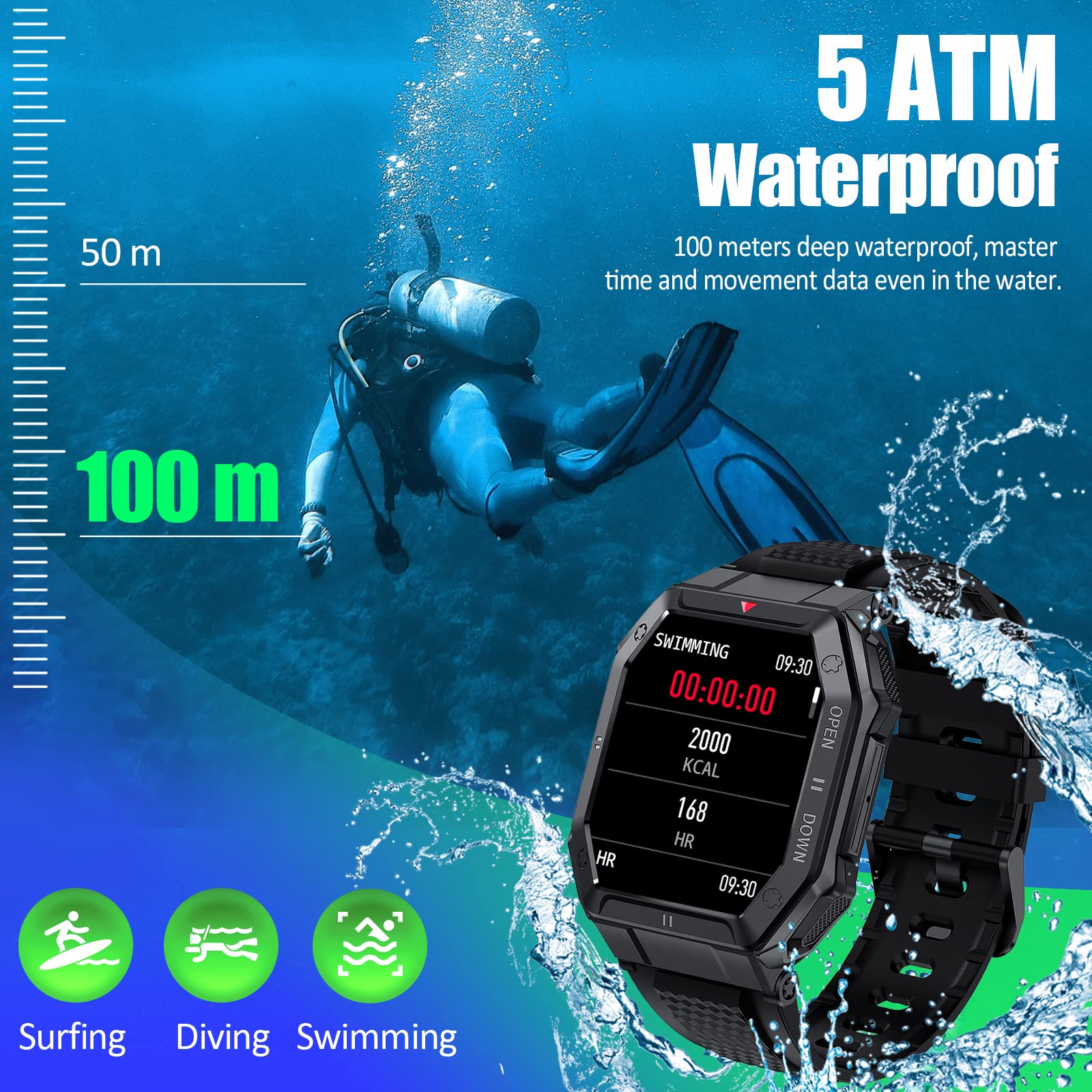 Military Smart Watch for Men 100M Waterproof Rugged Tactical Smart Watch 1.85 Inch HD Outdoor Sports Fitness Tracker Watch with Heart Rate Sleep Monitor Pedometer Smartwatch NO BLUETOOTH CALLING