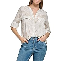 Calvin Klein Women's Printed CDC with Pockets Roll Sleeve Button Up Blouse (Plus Size)