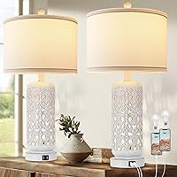 4-Way Rotary 28.5'' White Tall Ceramic Lamps for Living Room Bedrooms Set of 2, Living Room Farmhouse Vintage Rustic Retro Bedside Table Lamps for Nightstand with 2 USB Ports & 2 LED Nightlight Bulbs