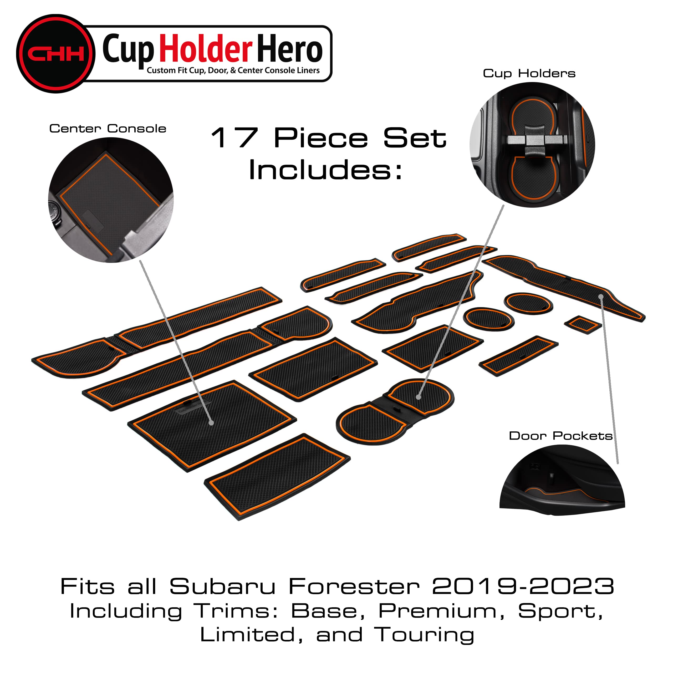 CupHolderHero fits Subaru Forester Accessories 2019-2023 Premium Custom Interior Non-Slip Anti Dust Cup Holder Inserts, Center Console Liner Mats, Door Pocket Liners 17-pc Set (Orange Trim)