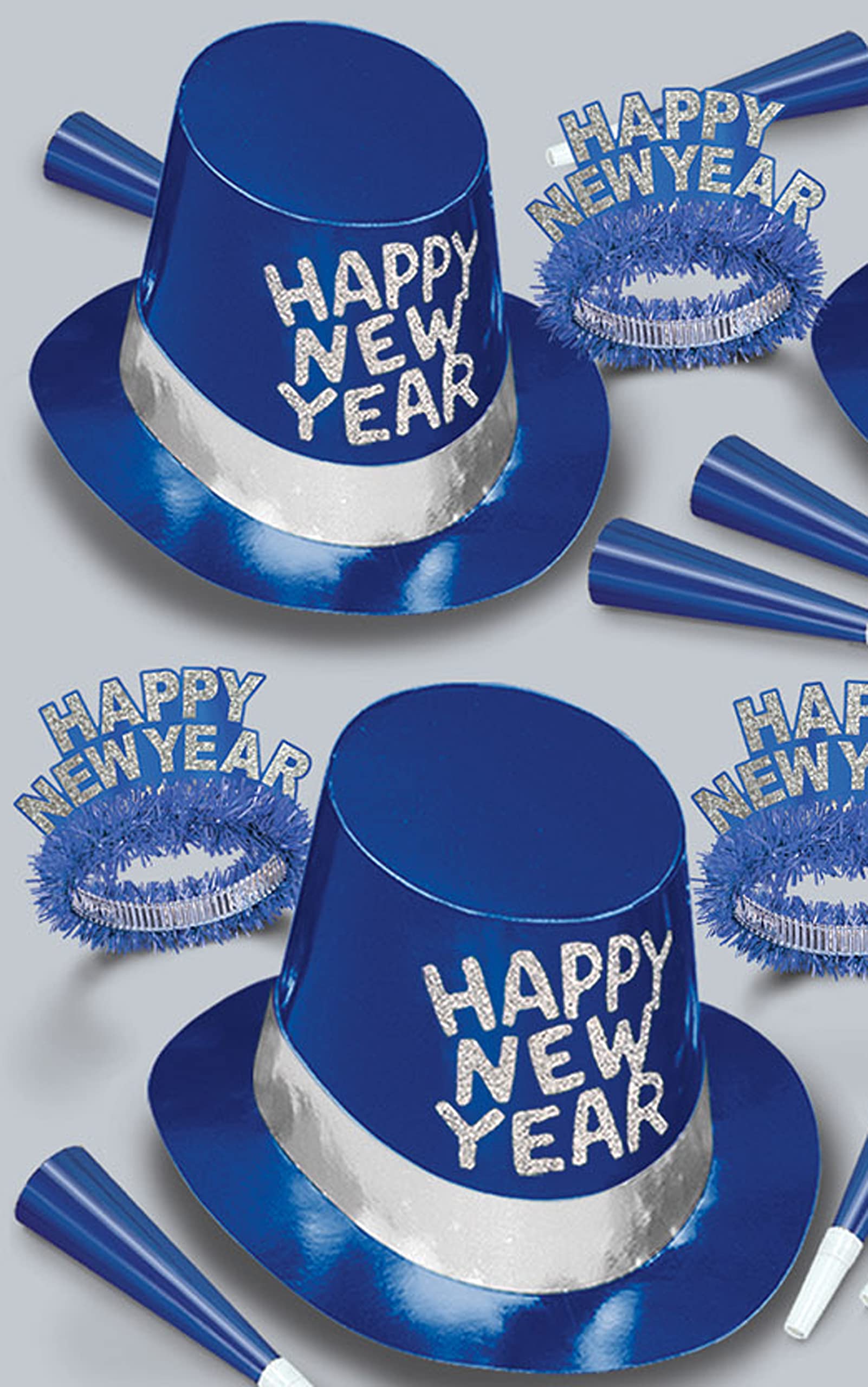 Beistle Ice Assortment for 50 People – New Years Eve Party Favors Supplies – Hats, Tiaras, Noisemaker Horns, One Size, Blue/Silver