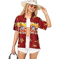 LA LEELA Women's Summer Hawaiian Dresses Button Up Tops Vintage Short Sleeve Caribbean Pirate Shirts Blouses for Women L Plus Size Skull Crossbones, Blood Red