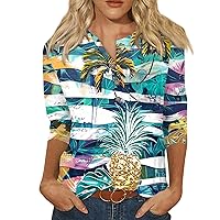 Hawaiian Shirts Womens T Shirts Womens 3/4 Sleeve Hawaiian Shirts V Neck Summer Floral Print Button Casual Tops