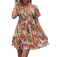 SOLY HUX Women's Tropical Print V Neck Short Sleeve Ruffle Hem Smock Dress Casual Short Dresses