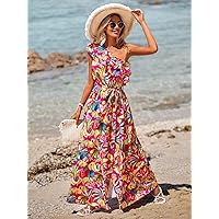 Dresses for Women - Tropical Print One Shoulder Ruffle Trim Belted Dress (Color : Multicolor, Size : Large)