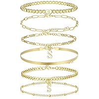 6 Pcs Gold Bracelets Set for Women Girls Trendy, 14K Real Gold Plated Stackable S Initial Chain Bracelets Adjustable, Dainty Stretch Beaded Letter Bracelet